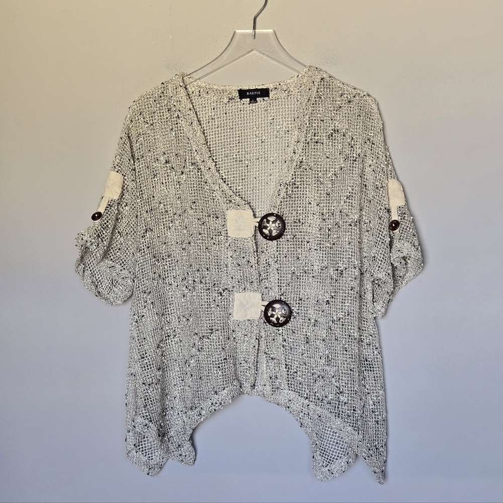 Kaktus Mesh Lagenlook Shark Bite Hi-Lo Top Tan Cream Knit Button-Front Cardigan